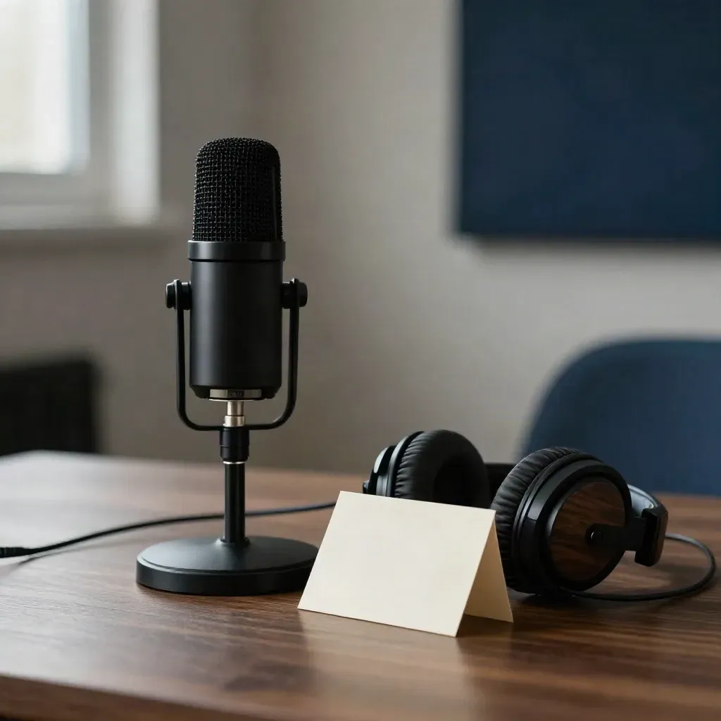 Micrófono y auriculares junto a una tarjeta con muescas sobre madera oscura.
