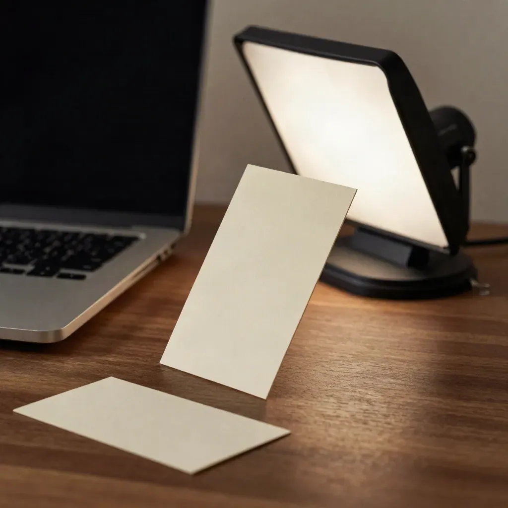 Tarjetas de guion junto a un portátil cerrado y una base de softbox en un estudio cálido.