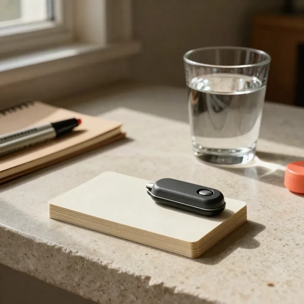 Clicker, tarjetas de apoyo, vaso de agua y cuaderno con pestañas sobre piedra clara.