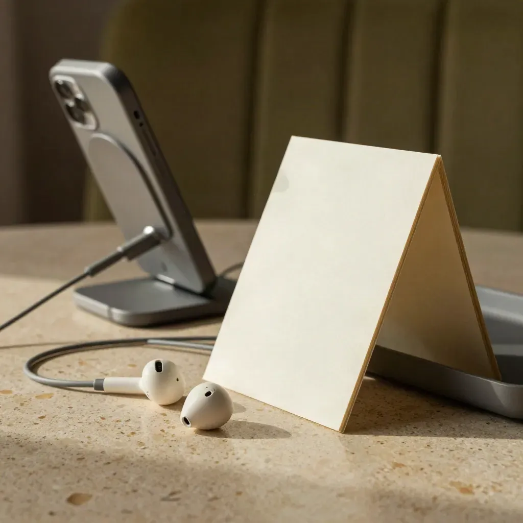 Auriculares, tarjetas de guion y móvil en soporte, con una tarjeta deslizándose sobre travertino.