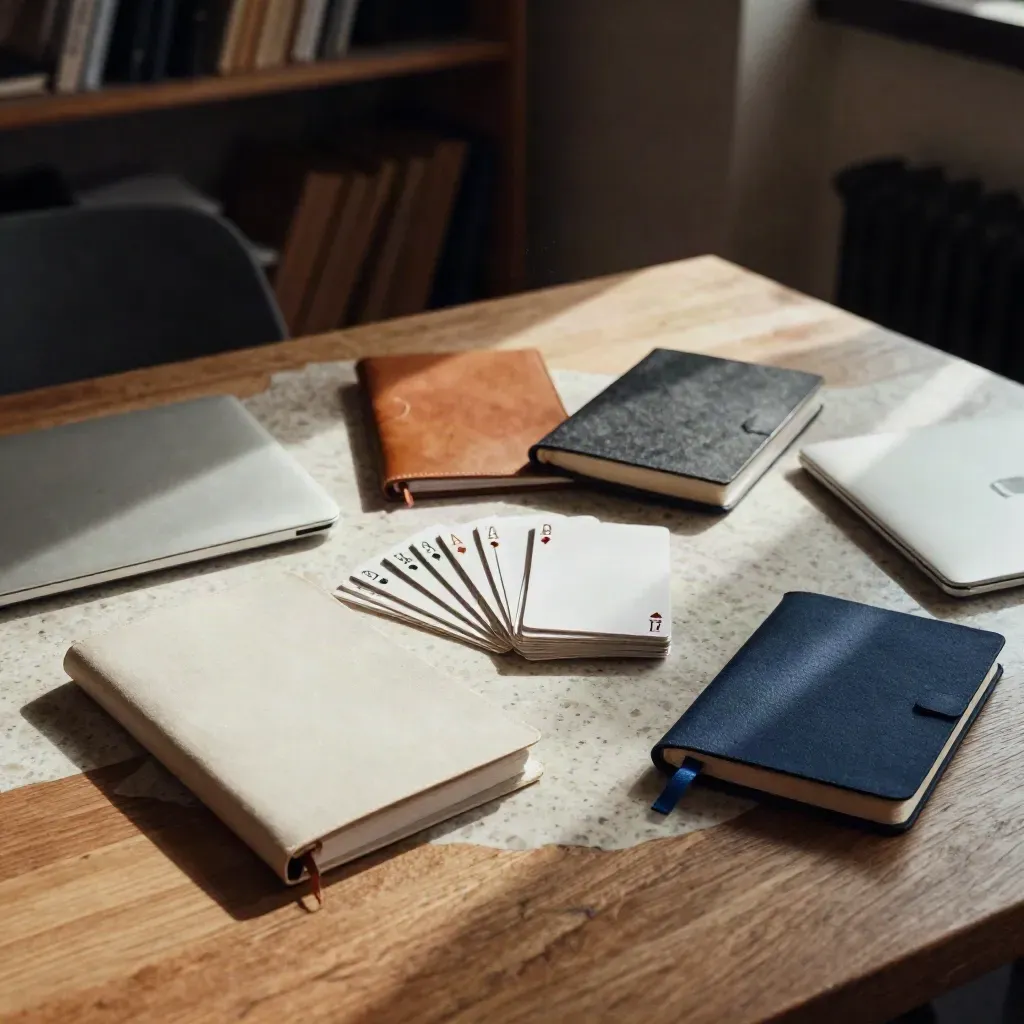 Mesa de estrategia con tarjetas, cuadernos y portátil cerrado bajo luz cálida.