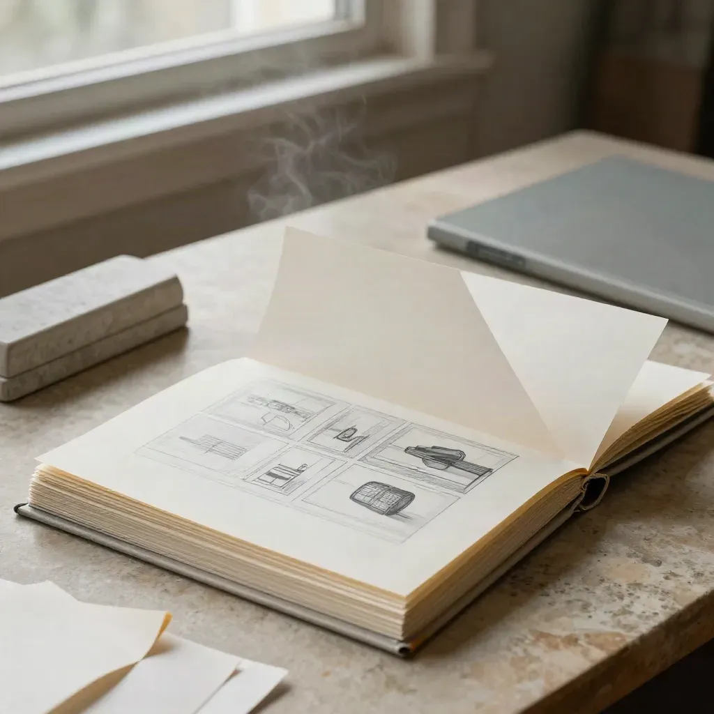 Hojas de storyboard, carpeta de muestras y pisapapeles de piedra sobre mesa de estudio