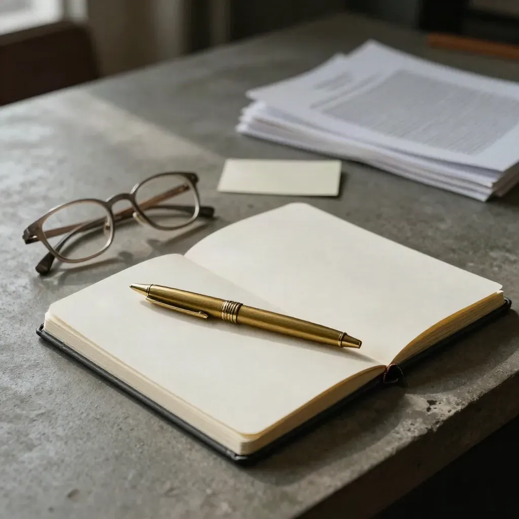 Escritorio editorial con libreta crema, gafas y bolígrafo de latón sobre hormigón gris.