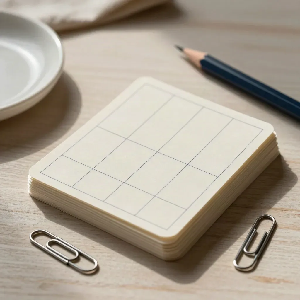Tarjetas de wireframe, lápiz grafito y clips sobre madera clara, con luz suave.