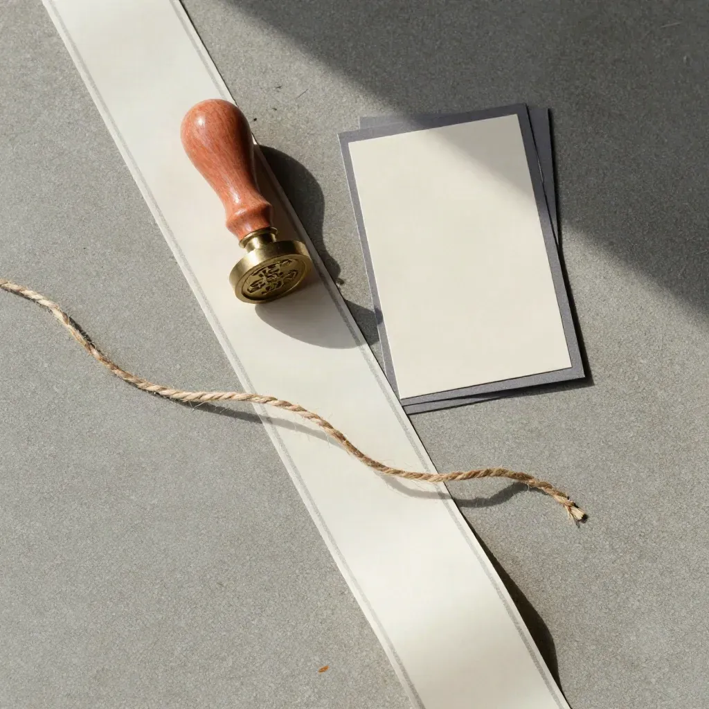 Pizarra de storytelling con tarjetas, cordel y sello de lacre sobre hormigón.